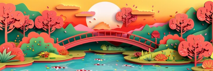 A serene scene of a Japanese garden crafted in paper, featuring a red bridge arching over a tranquil pond. The sunset casts warm hues over the landscape, symbolizing peace, serenity, and the beauty of