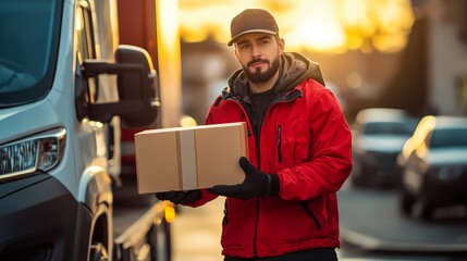 Delivery Man Holding a Package in Front of a Van.