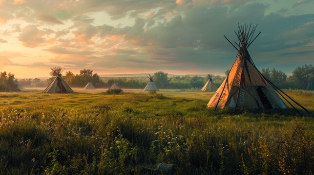 A serene scene of a Native American village nestled in a grassy meadow, with tipis silhouetted against a breathtaking sunrise. The image evokes a sense of peace, tradition, and connection to nature.