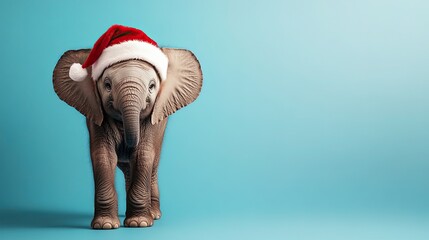 A cute and adorable elephant stands against a blue background, wearing a festive Santa hat, bringing a touch of holiday cheer.