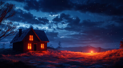 Cozy illuminated cabin at night surrounded by a serene landscape, with a starry sky and distant mountains