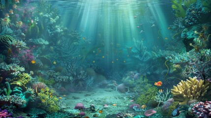Obraz premium A serene underwater scene showcasing a vibrant coral reef teeming with marine life. Sunbeams pierce through the water, illuminating the colorful coral formations and playful fish. This image symbolize