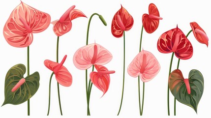 Obraz premium A set of pink and red anthurium flowers isolated on a white background. These vibrant flowers symbolize love, passion, hospitality, and abundance. They are perfect for adding a touch of tropical beaut