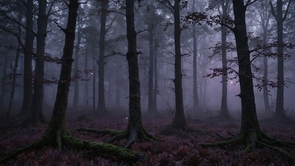 A fantasy forest surrounded by purple mist, with leaves emitting a faint glow in the fog.