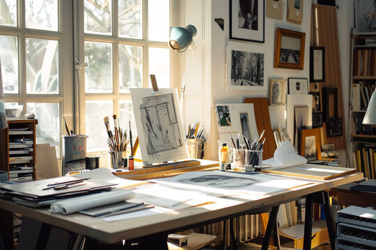 Visionary Artist Sketching in a Sunlit Studio  