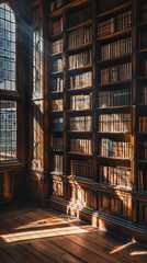 Scholar's Retreat in a Sunlit Library Full of Ancient Wisdom  