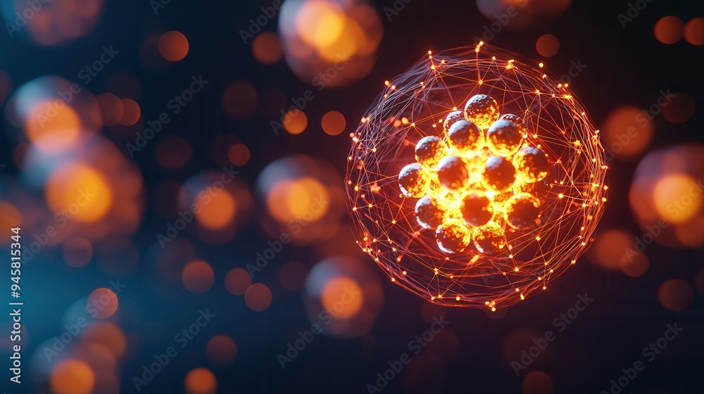 Sticker Abstract Glowing Sphere with Connected Lines and Bokeh Background.