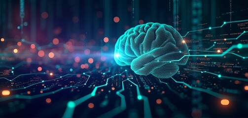 Artificial Intelligence Brain Concept: Futuristic Neural Network Visualization in Glowing Cyan Tones