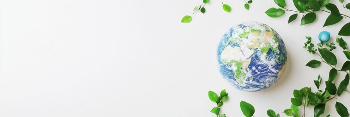 Celebrating Earth Day with a globe and green leaves on a bright white background