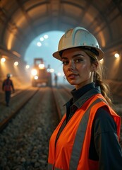 Obraz premium A young female construction engineer in a hard hat surveys an active metro tunnel, exuding confidence amid machinery.