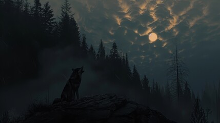 A solitary wolf stands on a rocky outcrop, silhouetted against a backdrop of dense, misty forest. The full moon hangs high in the sky, illuminating the scene with an ethereal glow. The wolf's howl ech