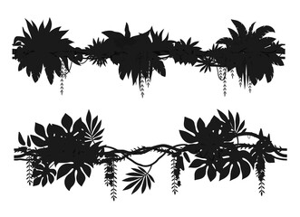 Tropical jungle forest liana branch silhouettes of ivy vine plants, vector icons. Tropical rainforest liana and Amazon jungle creeper tree silhouettes with climbing and hanging leaves for ornate frame © Vector Tradition