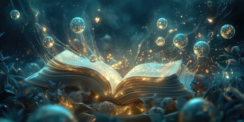 Open book with glowing orbs and magical dust.