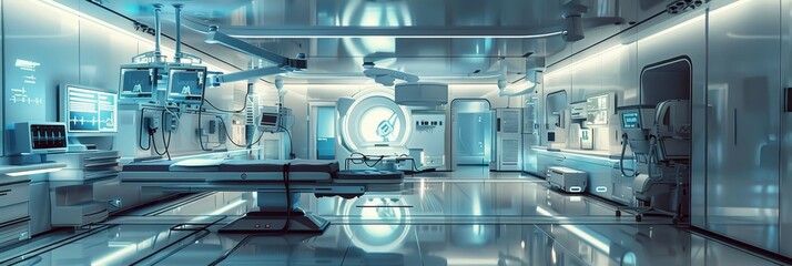 A sterile and modern healthcare facility designed for the future, showcasing advanced medical equipment, sleek technology, and a bright, clean environment. The image symbolizes progress in medicine, i