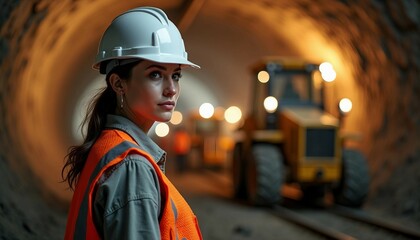 A young female construction engineer in a hard hat surveys an active metro tunnel, exuding confidence amid machinery.
