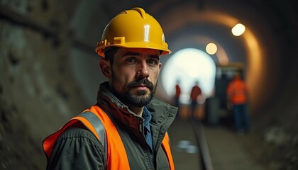 Fototapeta premium A young male construction engineer in a hard hat oversees an underground metro tunnel, exuding determination amid blurred workers.