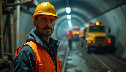 A young male construction engineer in a hard hat oversees an underground metro tunnel, exuding...