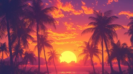 A beautiful sunset scene with palm trees swaying in the wind, with the sky transitioning from orange to deep purple, capturing the essence of a tropical evening.
