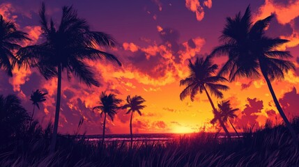 Obraz premium A beautiful sunset scene with palm trees swaying in the wind, with the sky transitioning from orange to deep purple, capturing the essence of a tropical evening.