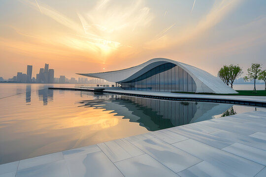 Exterior of modern minimalist white villa with swimming , Modern RND building with roof mounted solar system ,Ullsteinhaus in Berlin zur blauen Stunde ,Beautiful Mosque
