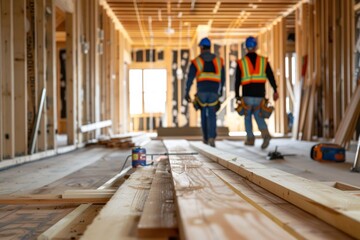 Fototapeta premium Team of construction workers collaborating on building development, maintenance, and property upgrades at a construction site with various tools