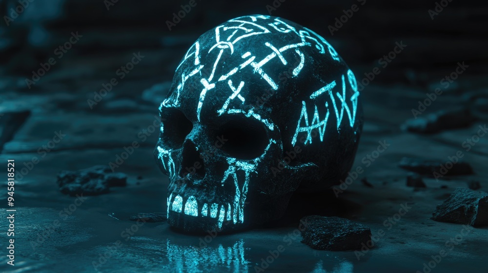 Canvas Prints Glowing Skull with Runes on Dark Surface