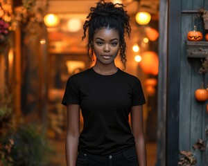 Black woman black tshirt mockup in front of a cafe at evening time