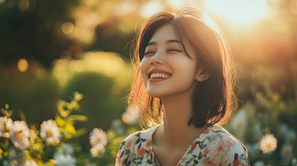 A cheerful Japanese model girl relaxing in a sunlit garden, her expression full of contentment, perfect for conveying a happy, relaxed vibe.
