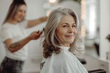 Fototapeta premium A hair salon scene featuring a customer admiring her reflection with a stylist after receiving hair treatment or a new hairstyle