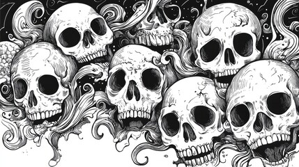 A Close-Up of Skulls with Intricate Linework and Swirling Motifs