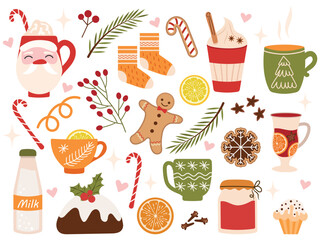 Set of winter drinks and Christmas pastries. Vector of festive mugs with hot drinks