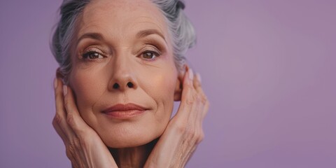 Fototapeta premium Close-up portrait of an attractive mature woman against a purple backdrop. She has smooth skin and radiates freshness while engaging in her daily beauty routine