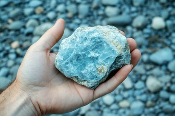A blue green copper (Cu) oxide ore is held in hand. Mining.