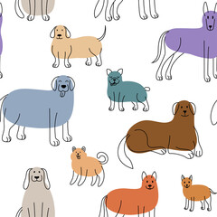 Black and white seamless pattern with cute cartoon dogs. Hand drawn illustration.