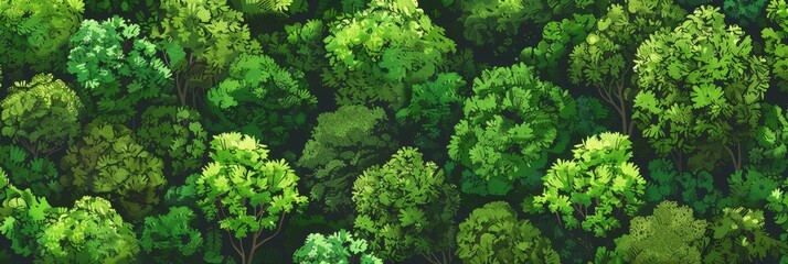 A vibrant and detailed seamless pattern featuring a lush forest canopy viewed from above. The image captures the intricate details of the leaves and branches, creating a sense of depth and tranquility