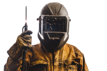A welder in protective gear, holding a welding torch and helmet, white background.
