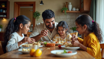 Indian young Family of four eating food at dining table at home or in restaurant. South Asian mother, father and two daughters having meal together