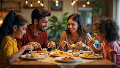 Indian young Family of four eating food at dining table at home or in restaurant. South Asian mother, father and two daughters having meal together