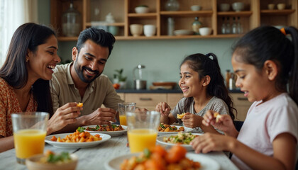 Indian young Family of four eating food at dining table at home or in restaurant. South Asian mother, father and two daughters having meal together