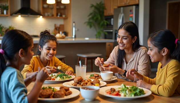 Indian young Family of four eating food at dining table at home or in restaurant. South Asian mother, father and two daughters having meal together