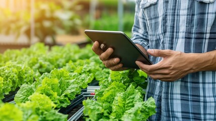 A person is holding a tablet in a field of green lettuce