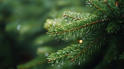 Macro view of a Christmas tree branch glistening with droplets of water during the holiday season