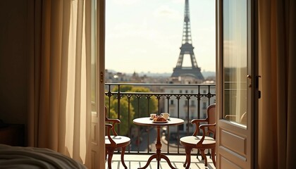 Hotel balcony view of the Eiffel Tower, featuring a minimalist setup with coffee.






