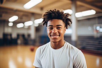 Portrait of a smiling male African American teenager in basketball gym