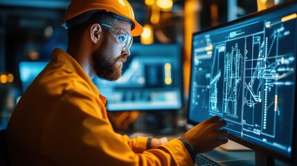 A focused engineer analyzes data on a computer screen, showcasing expertise in technology and design.