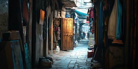 Fototapeta premium Narrow alleyway with open door and fabric stalls.