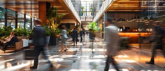Busy modern office lobby with people in motion, greenery, and natural light, creating a dynamic, professional atmosphere.