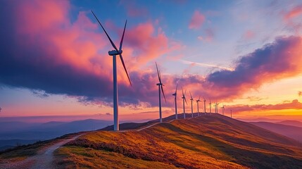 Obraz premium A row of wind turbines on a hill, set against the backdrop of a dramatic sunset sky, with rich colors creating a stunning visual impact.