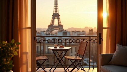 Hotel balcony view of the Eiffel Tower, featuring a minimalist setup with coffee.






