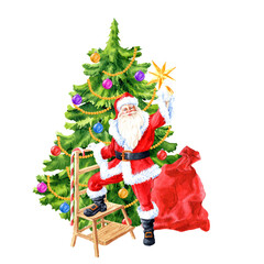 Watercolor painted Santa decorating Christmas tree